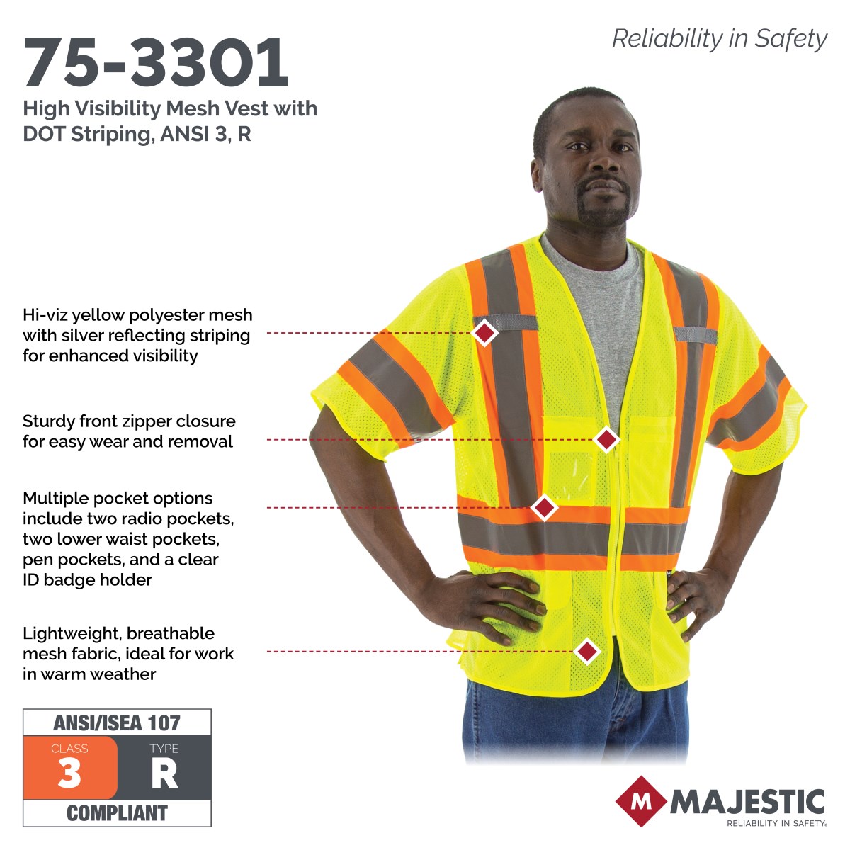 High Visibility Mesh Vest with DOT Striping, ANSI 3, R | Majestic